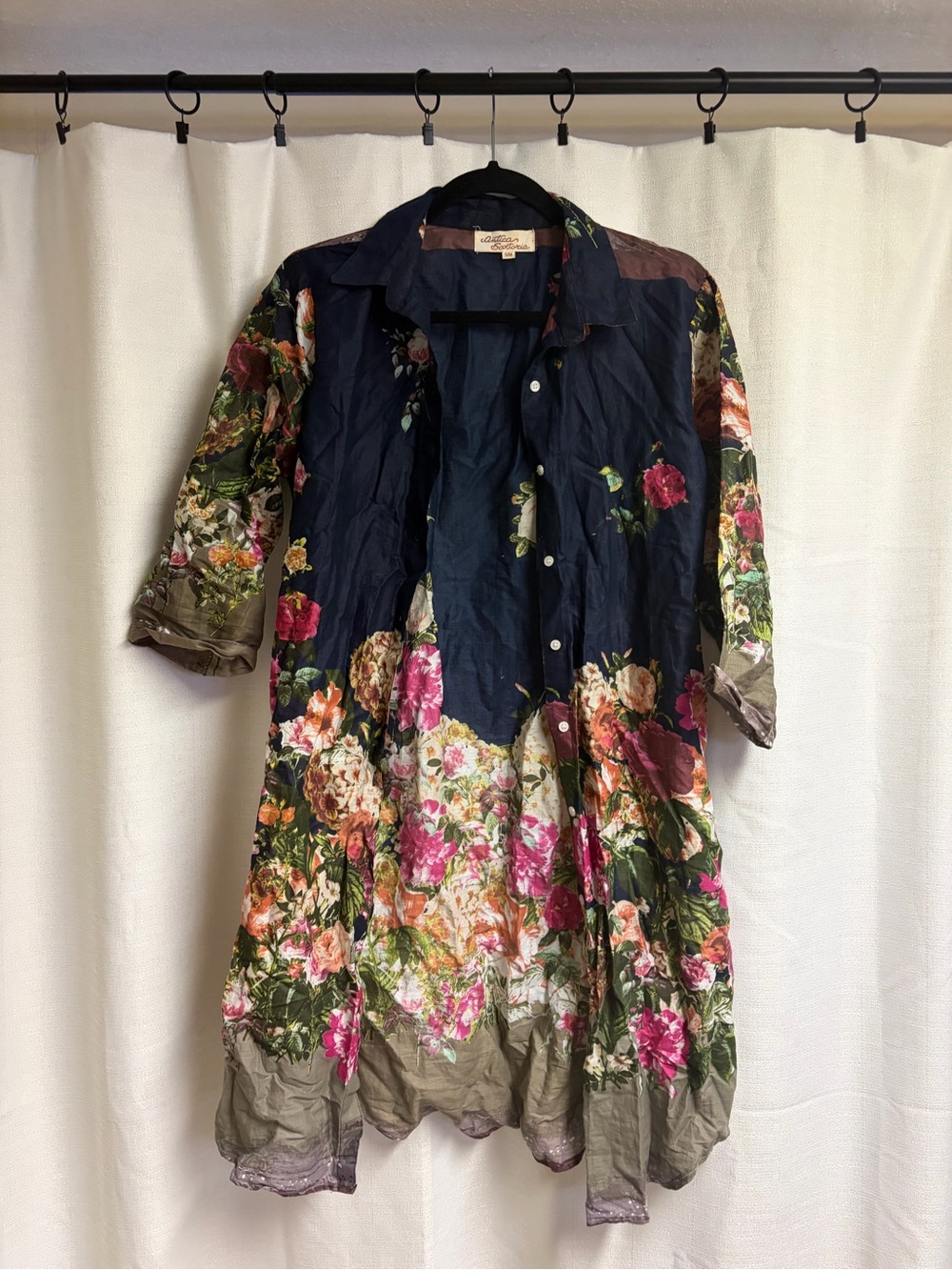 Floral Ombre Button-Up Tunic Dress - Navy, Olive, Pink